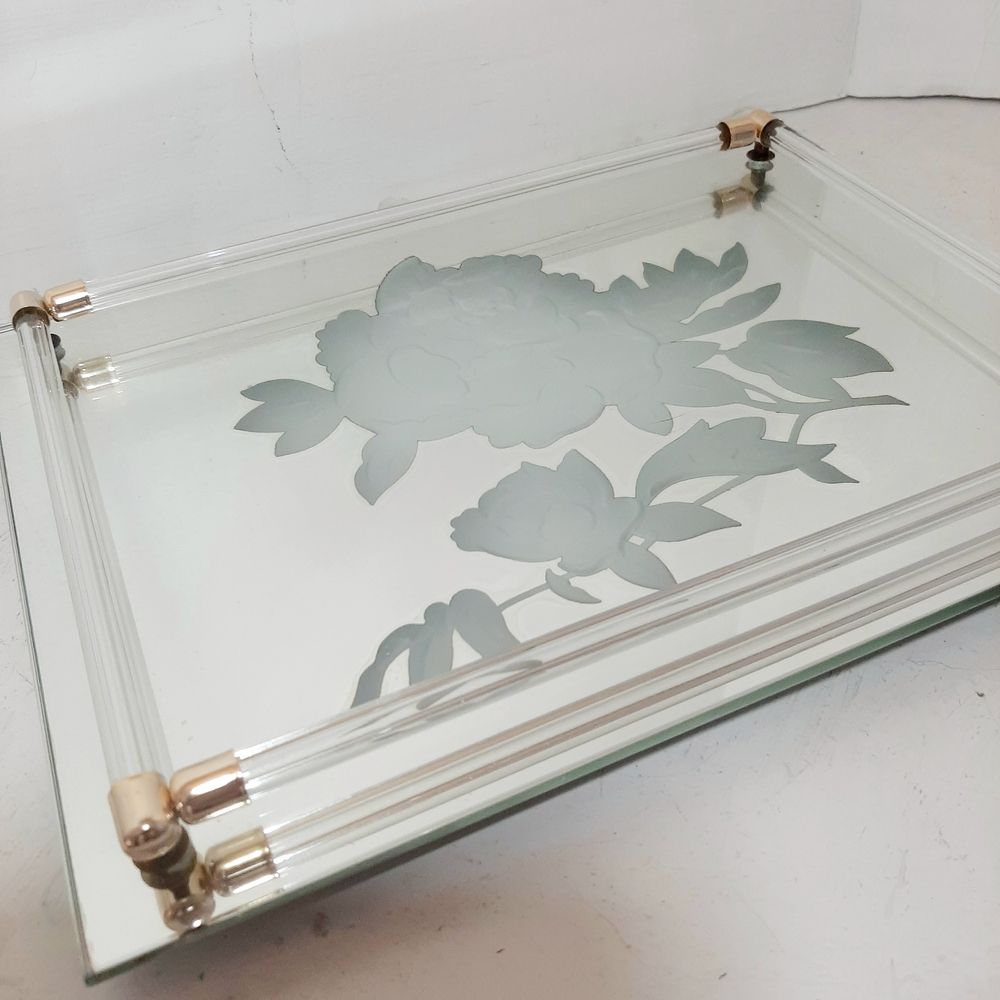 Elegant Mirrored  Glass Intaglio Style Floral Tray